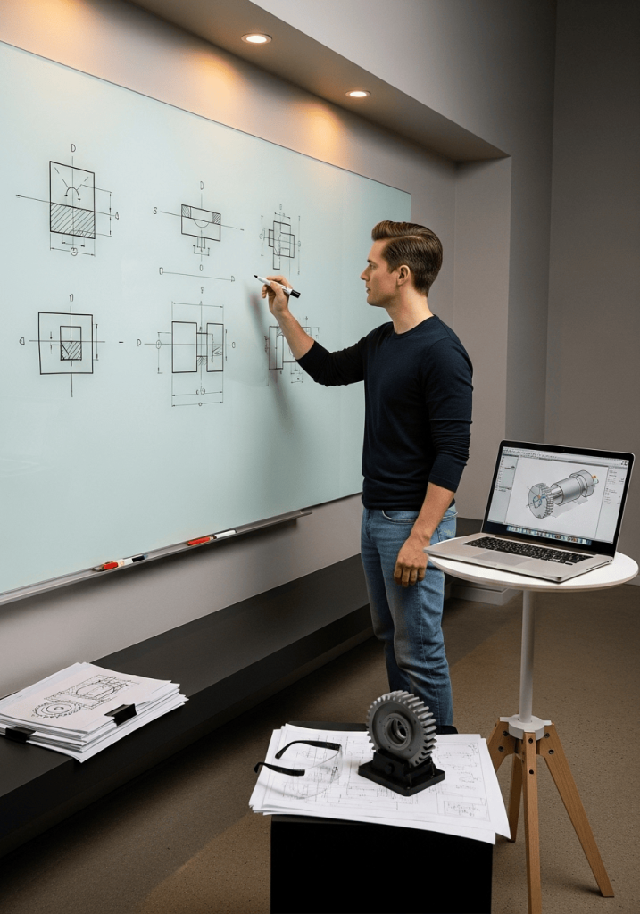 Mechanical design engineer sketching part concepts on a glass whiteboard with a laptop showing SolidWorks 2D sketch, prototype gear on console.
