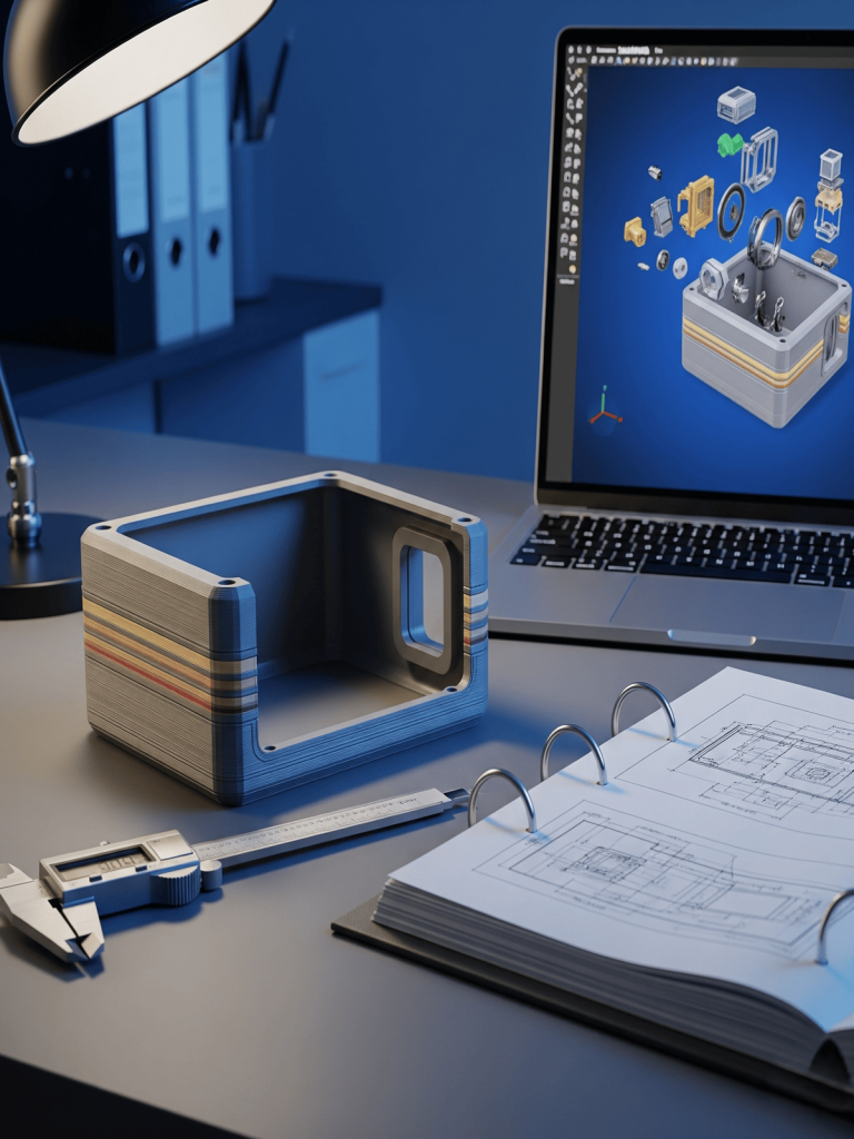 Close‑up of a workspace featuring a 3D‑printed enclosure prototype, digital caliper, technical drawings, and a laptop displaying a SolidWorks exploded‑view model.