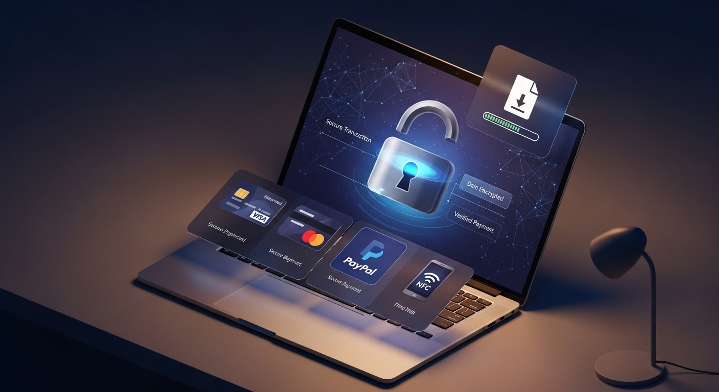 Secure payment, file download, and digital rights illustration on laptop screen.