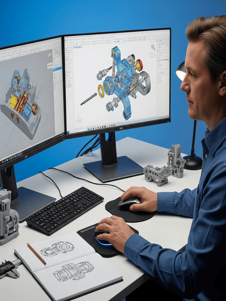 Design engineer at a dual‑monitor workstation with SolidWorks UI open on one screen showing a detailed 3D model and the other an exploded‑view assembly; the engineer’s right hand uses a standard mouse while the left rests on a 3Dconnexion SpaceMouse, with an open graph‑paper sketchbook, digital caliper, and 3D‑printed prototype on the desk.