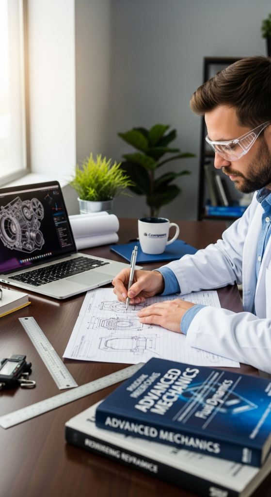 Design engineer in a lab coat and safety glasses sketching a mechanical part by hand on graph paper at a drafting table next to a laptop showing CAD schematics, with a scale ruler and caliper on the desk in a sunlit studio.